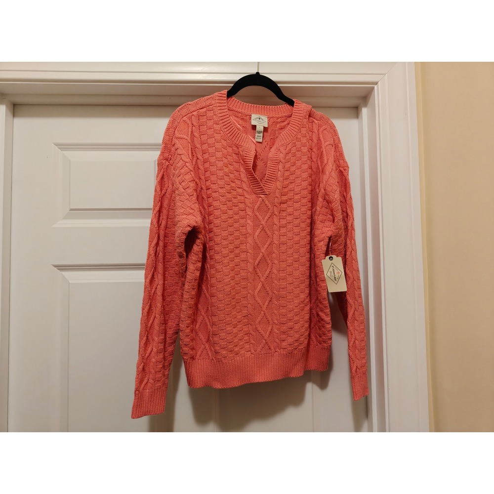 St Johns Bay Womens Cameo Coral Cable Knit Split V-Neck Sweater Large NWT